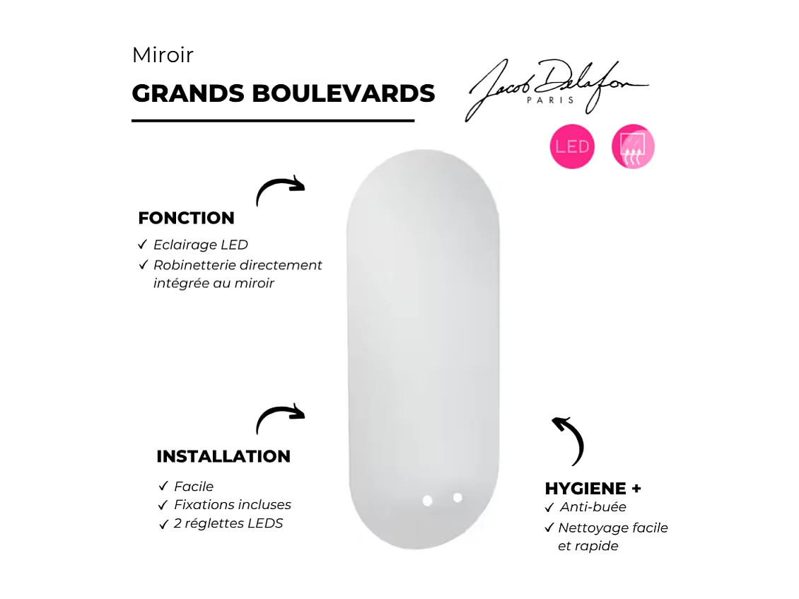 Miroir LED ovale 2 trous + mitigeur lavabo encastré JACOB DELAFON Grands Boulevards Chromé + corps encastré