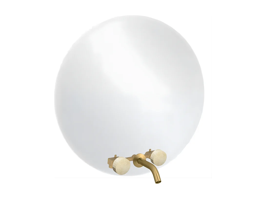Miroir LED rond 3 trous + mélangeur lavabo encastré 3 trous JACOB DELAFON Grands Boulevards marbré travertin sable et laiton brossé