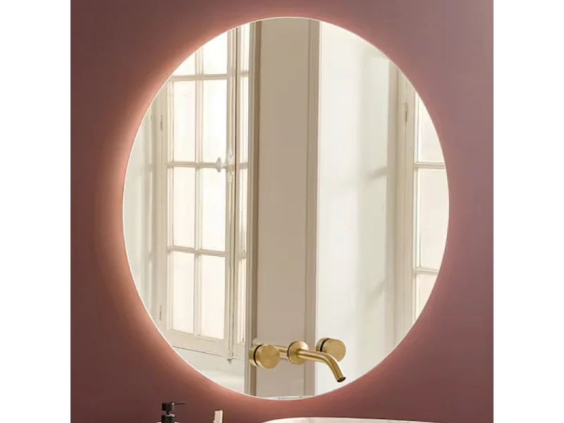 Miroir LED rond 3 trous + mélangeur lavabo encastré 3 trous JACOB DELAFON Grands Boulevards marbré travertin sable et laiton brossé