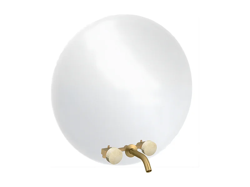 Miroir LED rond 3 trous + mélangeur lavabo encastré 3 trous JACOB DELAFON Grands Boulevards marbré travertin sable et laiton brossé