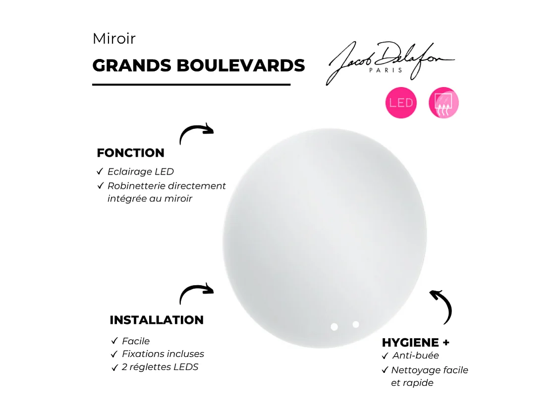Miroir LED rond 2 trous + mitigeur lavabo encastré JACOB DELAFON Grands Boulevards Chromé + corps encastré
