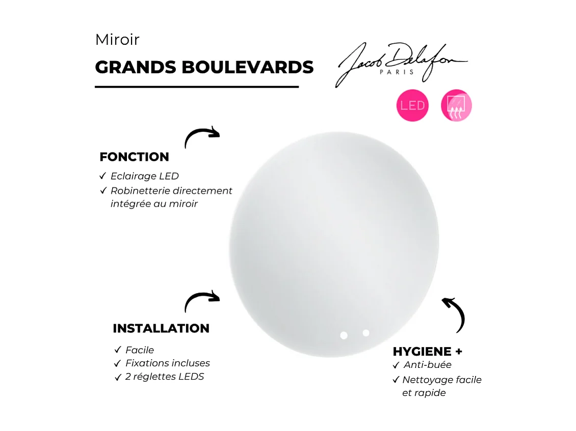 Miroir LED rond 2 trous + mitigeur lavabo encastré JACOB DELAFON Grands Boulevards Chromé + corps encastré