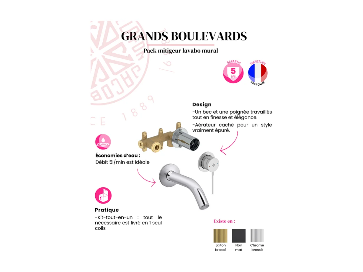 Miroir LED rond 2 trous + mitigeur lavabo encastré JACOB DELAFON Grands Boulevards Chromé + corps encastré