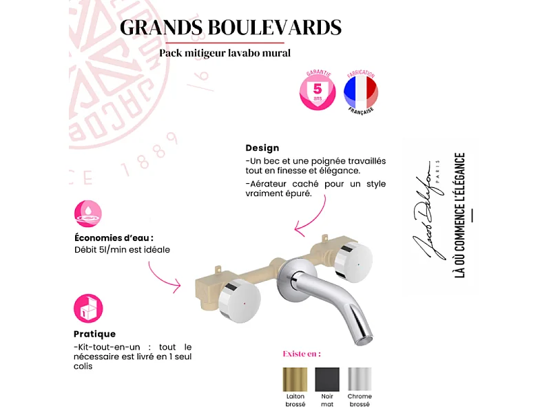 Pack mélangeur lavabo encastré 3 trous JACOB DELAFON Grands Boulevards marbré orage et chromé