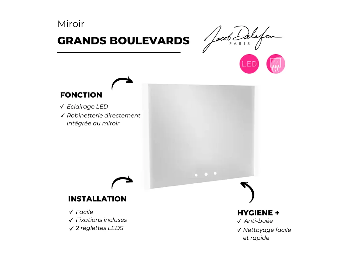 Miroir 3 trous 100 cm + mélangeur lavabo encastré 3 trous JACOB DELAFON Grands Boulevards marbre sculptural et laiton brossé