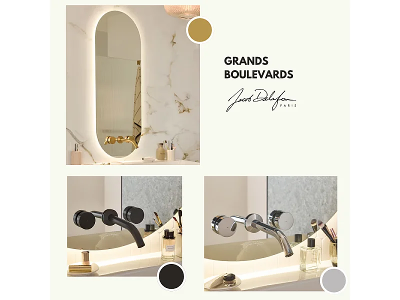 Miroir LED ovale 3 trous + mitigeur lavabo encastré 3 trous JACOB DELAFON Grands Boulevards noir mat