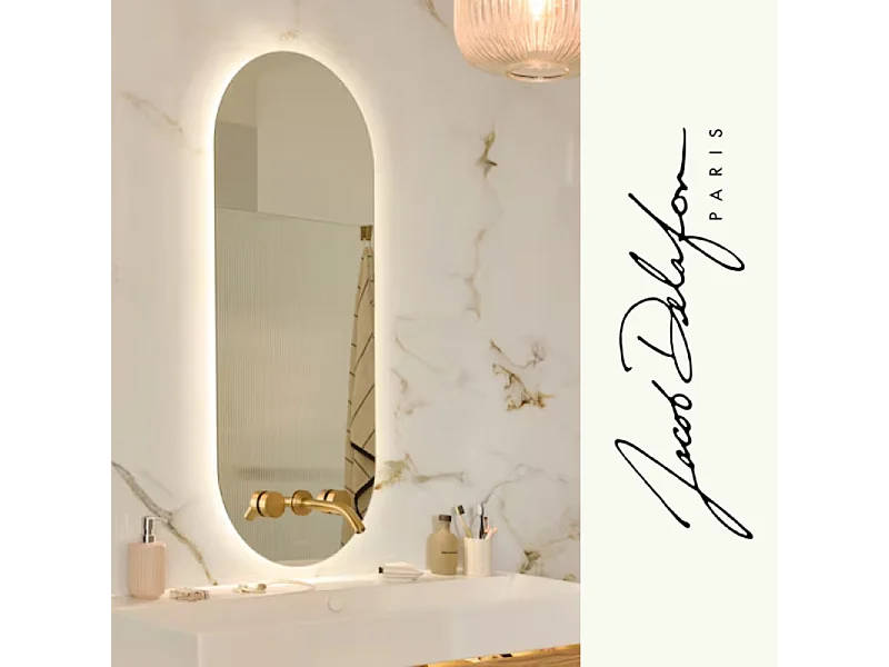 Miroir LED ovale 3 trous + mitigeur lavabo encastré 3 trous JACOB DELAFON Grands Boulevards laiton brossé