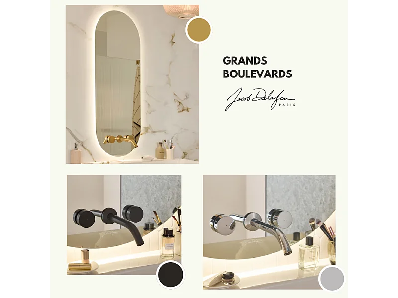 Miroir LED ovale 3 trous + mitigeur lavabo encastré 3 trous JACOB DELAFON Grands Boulevards laiton brossé