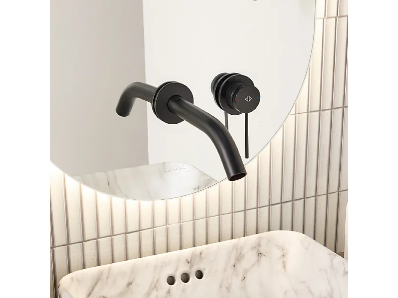 Miroir LED rond 2 trous + mitigeur lavabo encastré JACOB DELAFON Grands Boulevards Noir mat + corps encastré