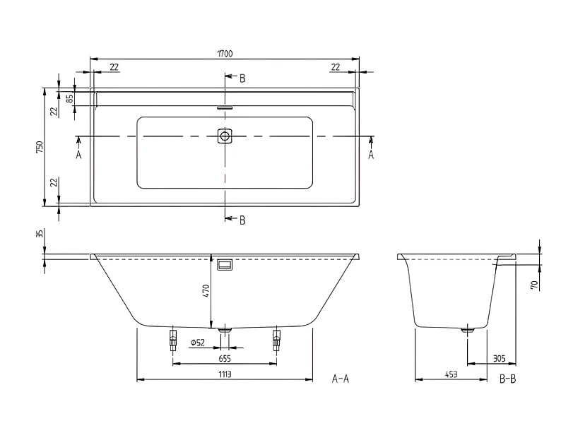 Baignoire droite VILLEROY ET BOCH Collaro 170 x 75cm Blanc mat vidage et trop plein blanc mat + Pare bain droite AURYS Mist 1