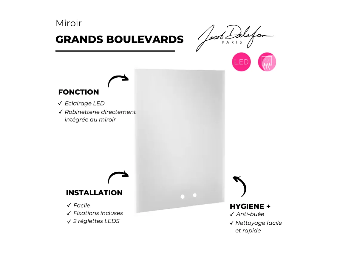 Miroir LED 2 trous 80 cm + mitigeur lavabo encastré JACOB DELAFON Grands Boulevards Laiton brossé + corps encastré