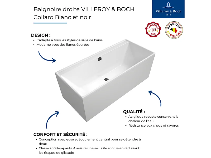 Baignoire droite 170 x 75 VILLEROY & BOCH Collaro acrylique Blanc avec vidage et trop-plein Black Matt