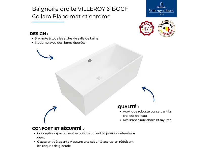 Baignoire droite VILLEROY ET BOCH Collaro 160 x 75cm Blanc mat  vidage et trop plein chrome + Pare bain droite AURYS Raywall