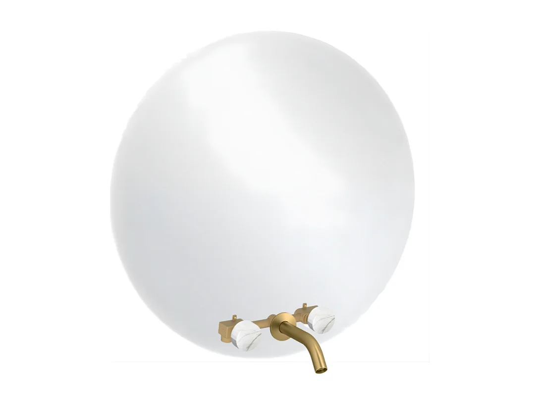 Miroir LED rond 3 trous + mélangeur lavabo encastré 3 trous JACOB DELAFON Grands Boulevards marbre sculptural et laiton brossé