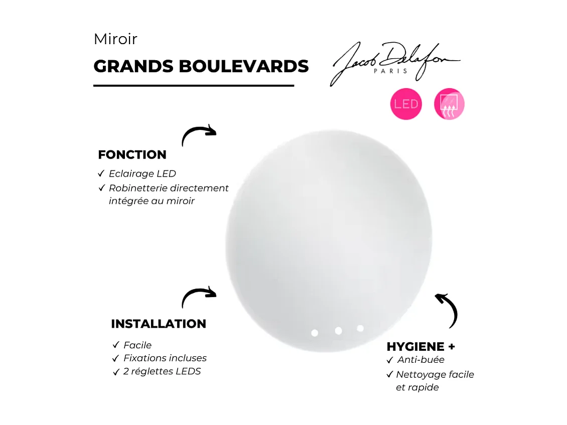 Miroir LED rond 3 trous + mélangeur lavabo encastré 3 trous JACOB DELAFON Grands Boulevards marbre sculptural et laiton brossé