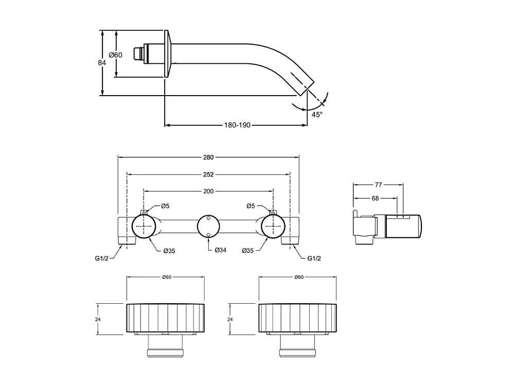 Miroir LED rond 3 trous + mélangeur lavabo encastré 3 trous JACOB DELAFON Grands Boulevards marbre sculptural et laiton brossé