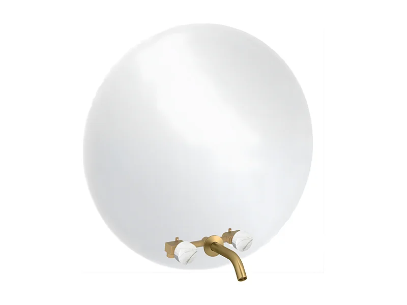 Miroir LED rond 3 trous + mélangeur lavabo encastré 3 trous JACOB DELAFON Grands Boulevards marbre sculptural et laiton brossé