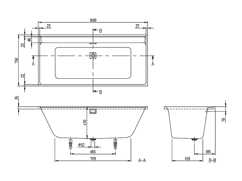 Baignoire droite VILLEROY ET BOCH Collaro 160 x 75cm Blanc mat  vidage et trop plein chrome + Pare bain gauche AURYS Mist 1