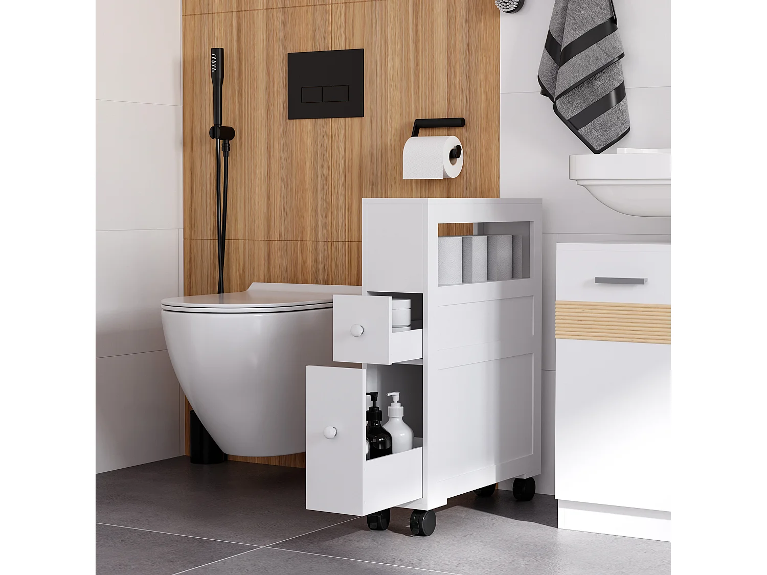 Rangement WC mobile sur roulettes - 2 tiroirs, niche - blanc