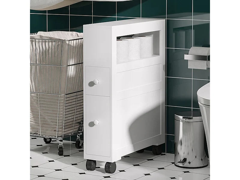 Rangement WC mobile sur roulettes - 2 tiroirs, niche - blanc