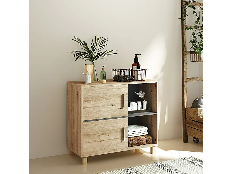 Meuble bas de salle de bain style bohème - 2 portes, 2 niches - gris effet bois clair naturel
