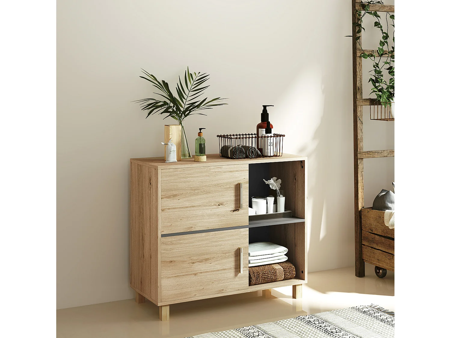 Meuble bas de salle de bain style bohème - 2 portes, 2 niches - gris effet bois clair naturel