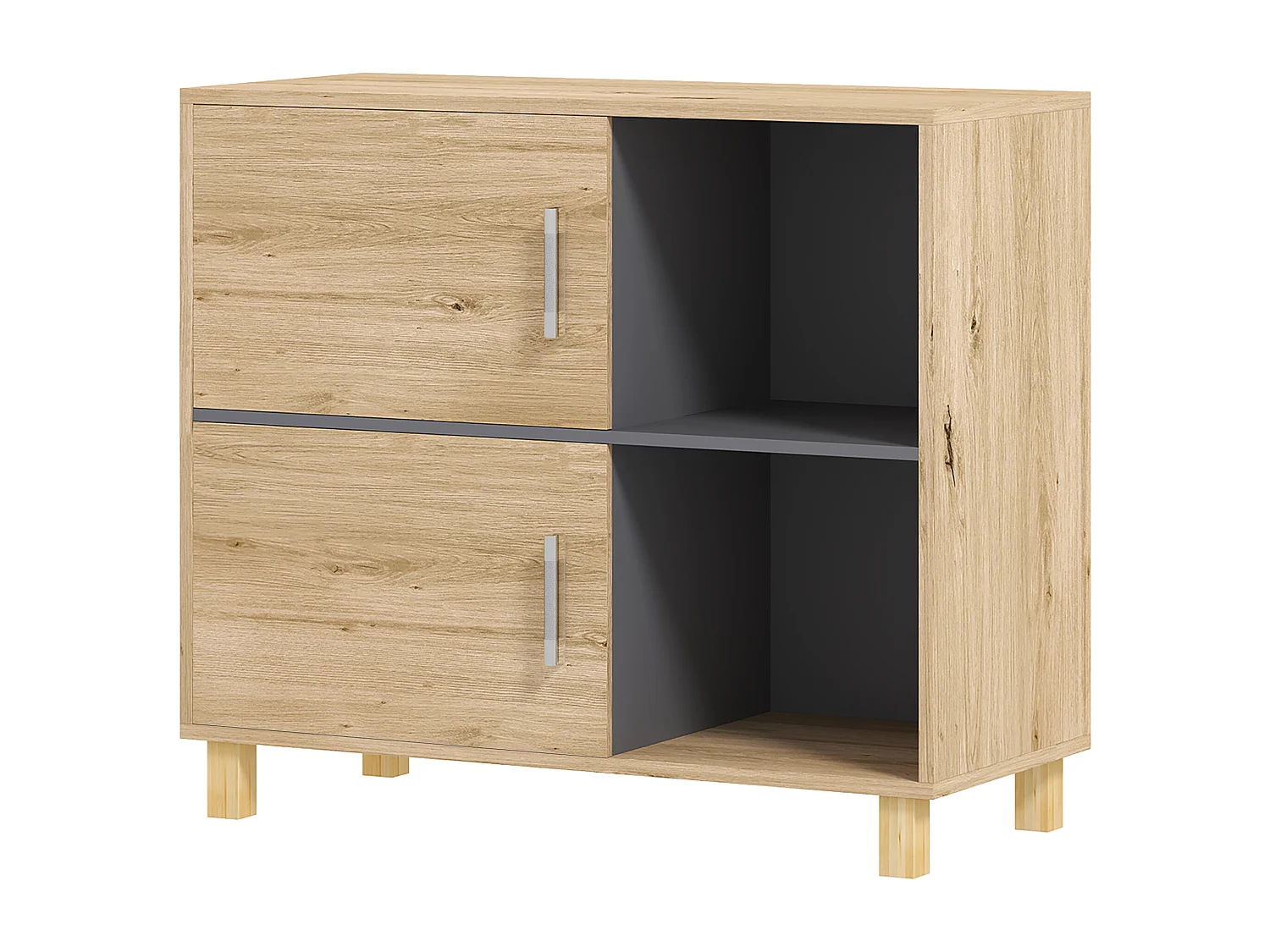 Meuble bas de salle de bain style bohème - 2 portes, 2 niches - gris effet bois clair naturel