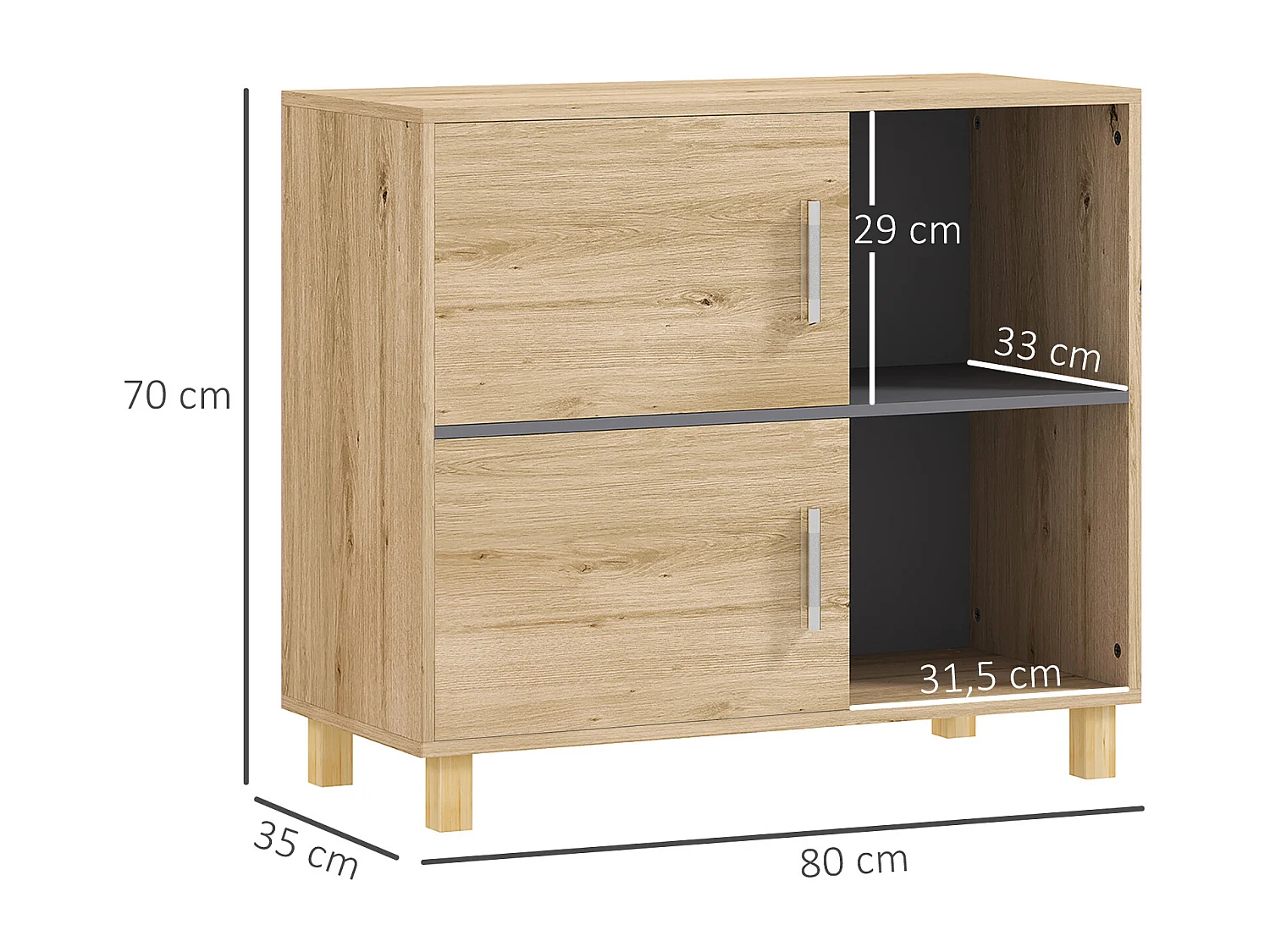 Meuble bas de salle de bain style bohème - 2 portes, 2 niches - gris effet bois clair naturel