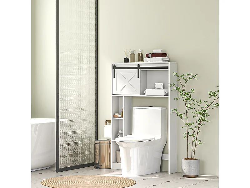 Meuble WC dessus de toilette meuble toilettes - porte coulissante, 6 compartiments - blanc