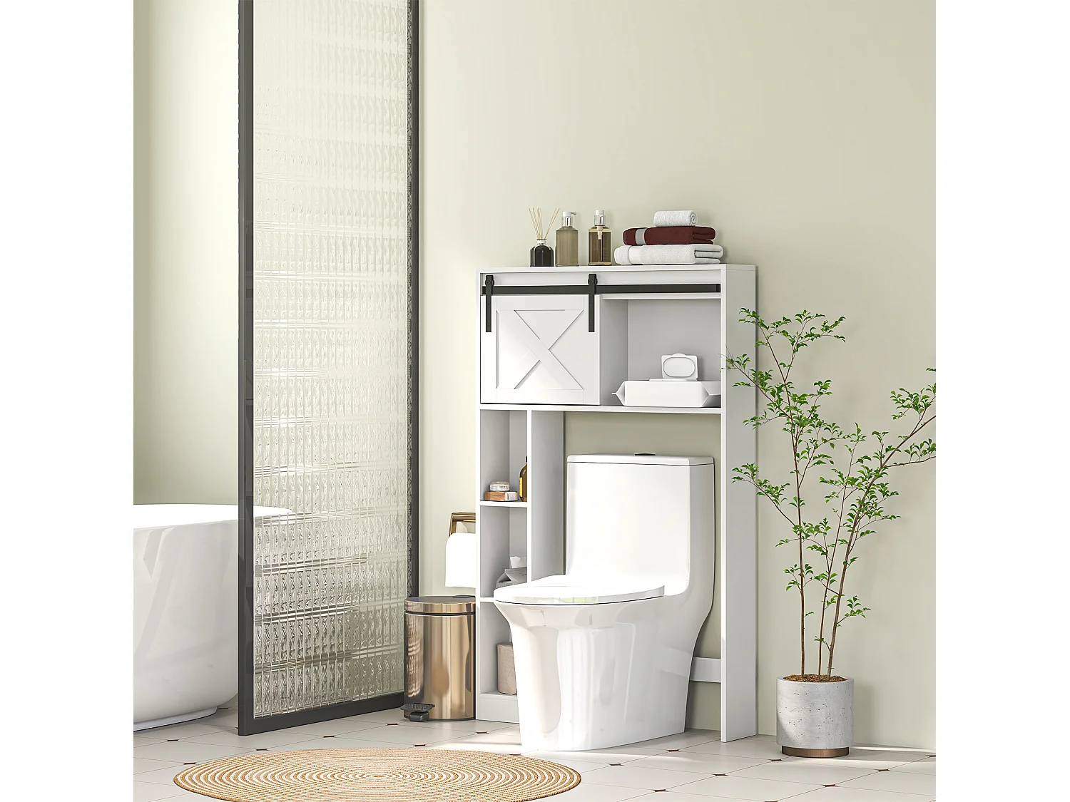 Meuble WC dessus de toilette meuble toilettes - porte coulissante, 6 compartiments - blanc