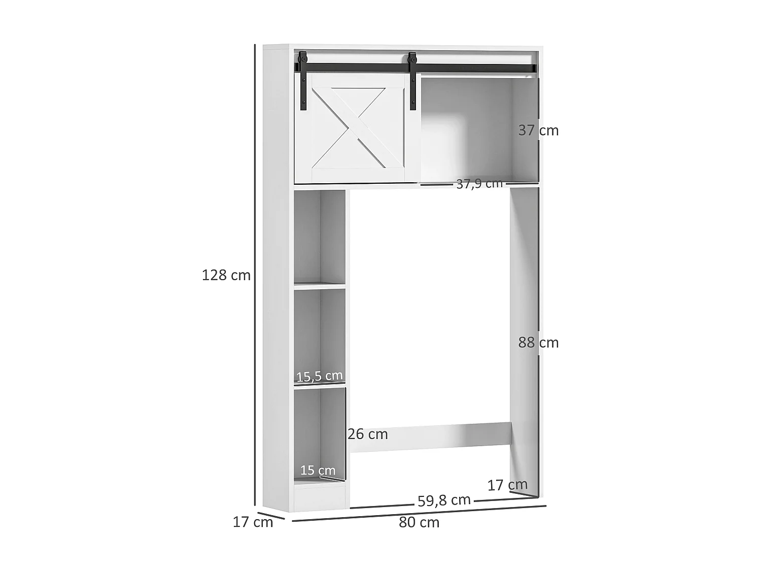 Meuble WC dessus de toilette meuble toilettes - porte coulissante, 6 compartiments - blanc