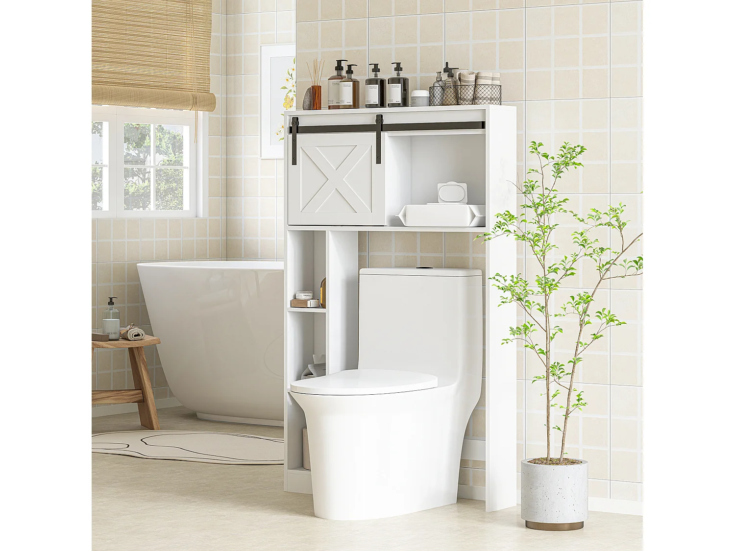 Meuble WC dessus de toilette meuble toilettes - porte coulissante, 6 compartiments - blanc