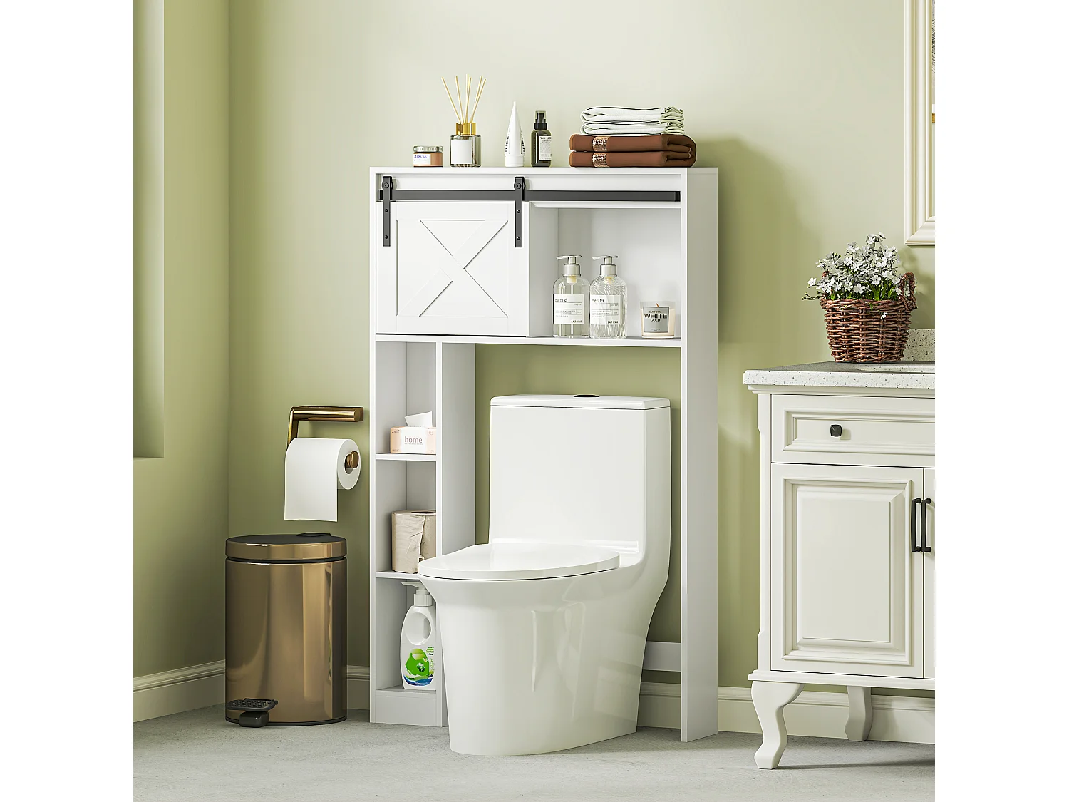 Meuble WC dessus de toilette meuble toilettes - porte coulissante, 6 compartiments - blanc