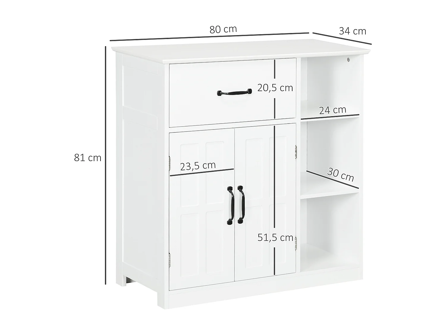 Meuble salle de bain - meuble bas 2 portes étagère tiroir 3 niches - 80x34x81cm - blanc noir