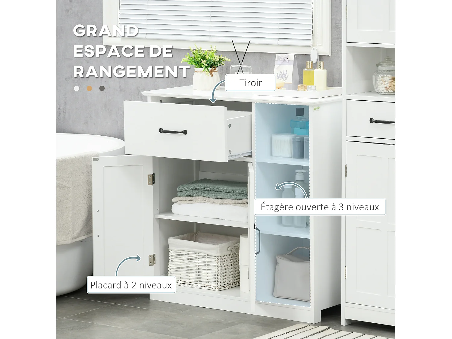 Meuble salle de bain - meuble bas 2 portes étagère tiroir 3 niches - 80x34x81cm - blanc noir