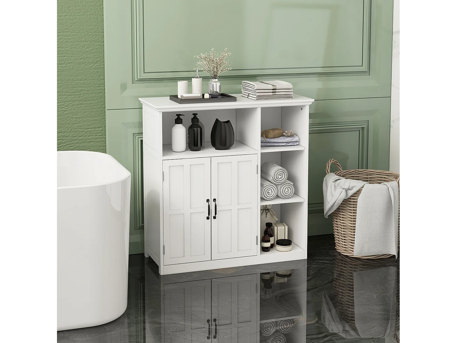 Meuble salle de bain - meuble bas 2 portes étagère tiroir 3 niches - 80x34x81cm - blanc noir