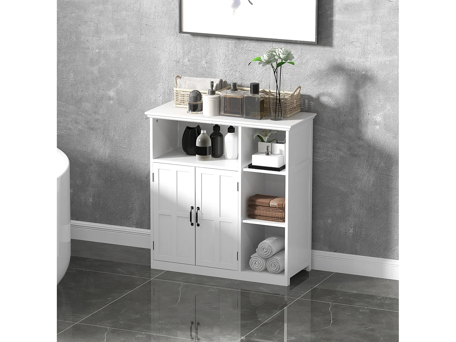 Meuble salle de bain - meuble bas 2 portes étagère tiroir 3 niches - 80x34x81cm - blanc noir