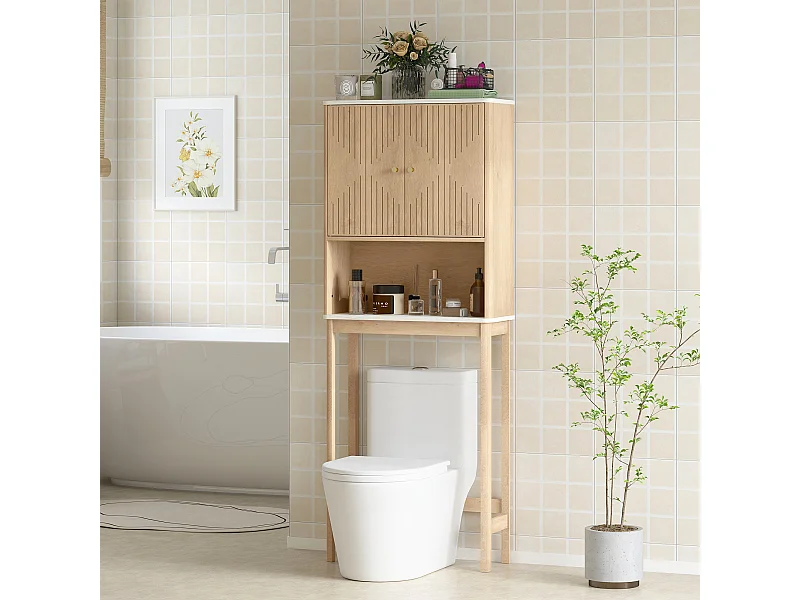 Meuble WC dessus de toilette style bois naturel effet marbre blanc 2 portes étagère niche