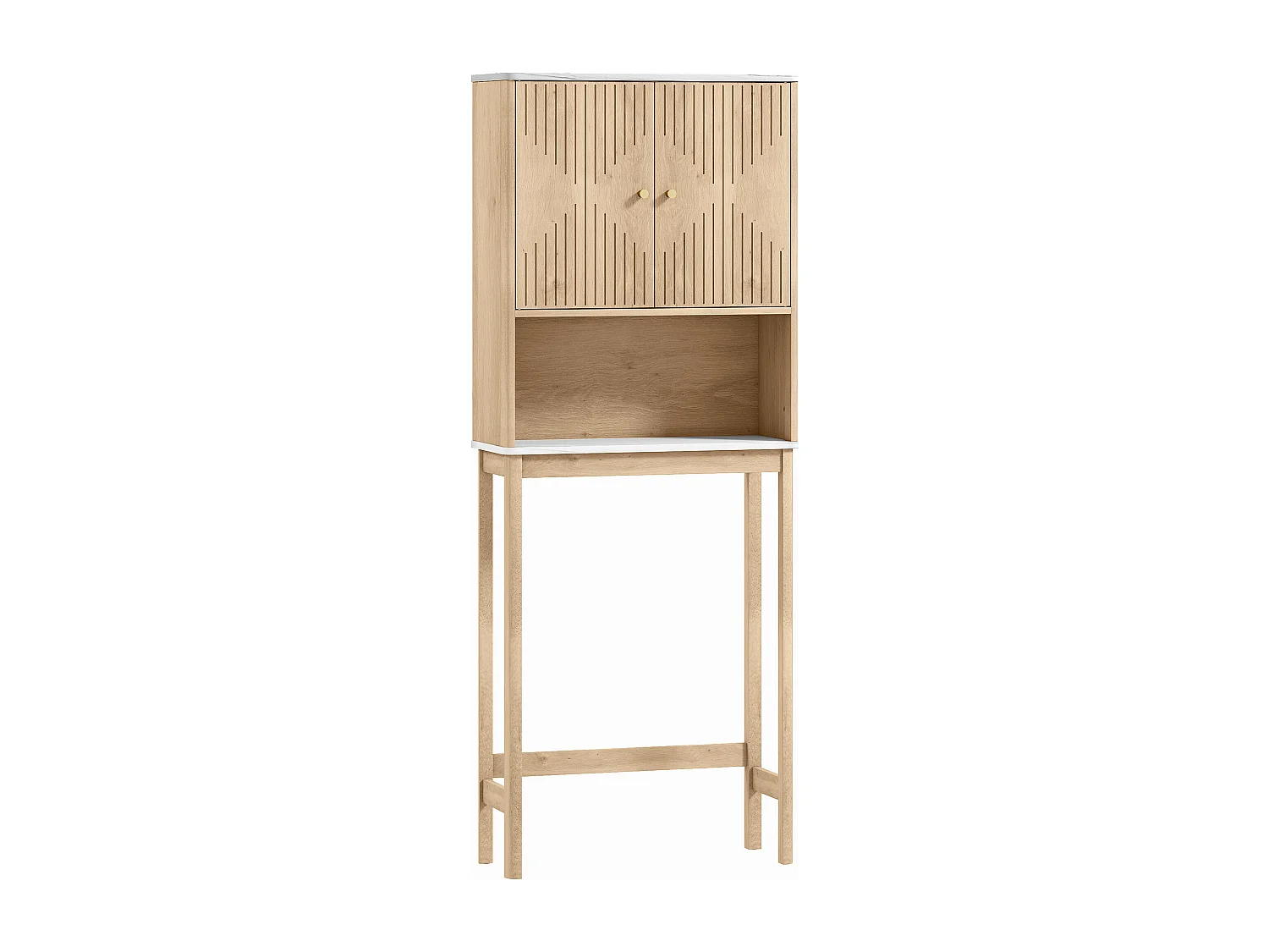 Meuble WC dessus de toilette style bois naturel effet marbre blanc 2 portes étagère niche