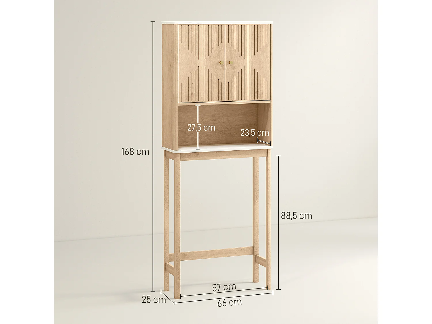 Meuble WC dessus de toilette style bois naturel effet marbre blanc 2 portes étagère niche