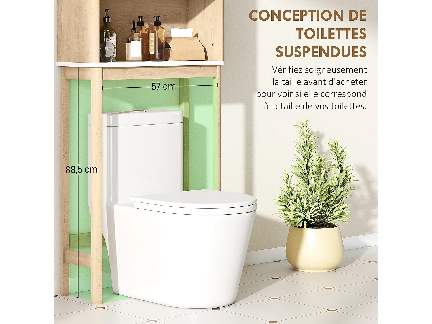 Meuble WC dessus de toilette style bois naturel effet marbre blanc 2 portes étagère niche