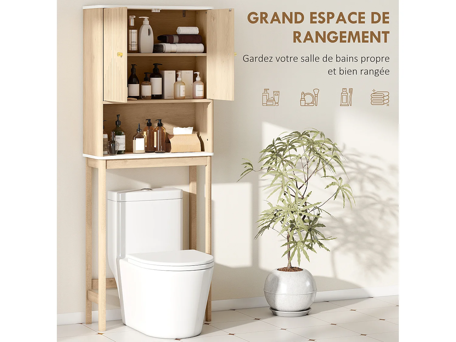 Meuble WC dessus de toilette style bois naturel effet marbre blanc 2 portes étagère niche