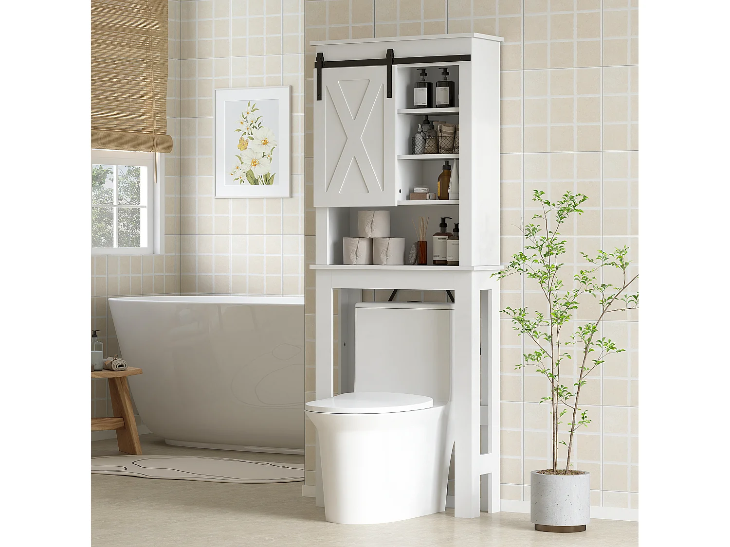 Meuble WC dessus de toilette 6 compartiments porte coulissante blanc