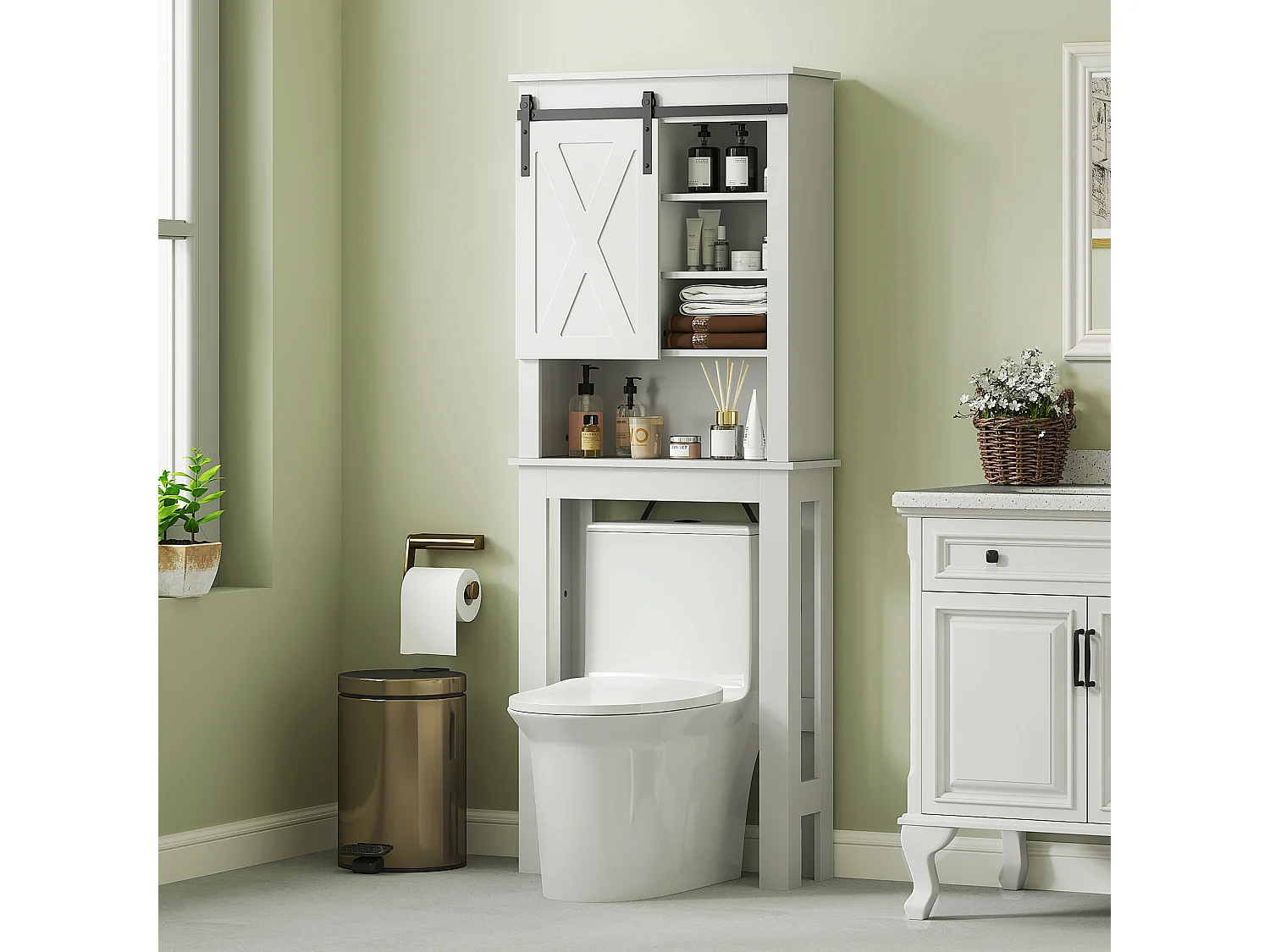 Meuble WC dessus de toilette 6 compartiments porte coulissante blanc