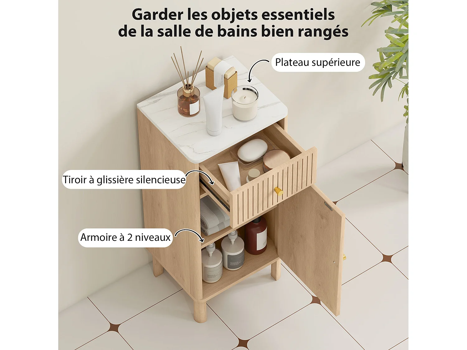 Meuble bas salle de bain style bois naturel plateau effet marbre blanc porte étagère tiroir