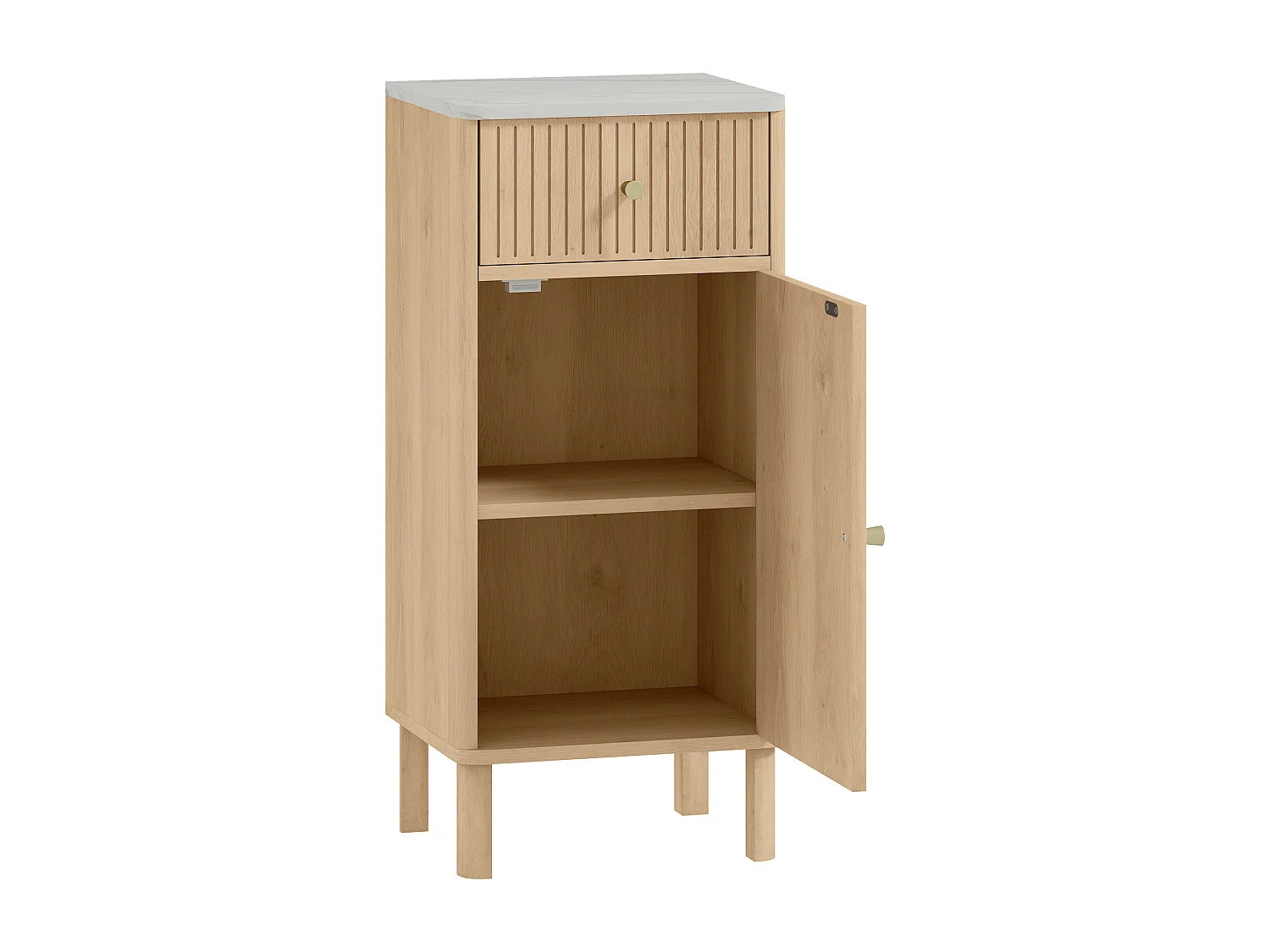 Meuble bas salle de bain style bois naturel plateau effet marbre blanc porte étagère tiroir