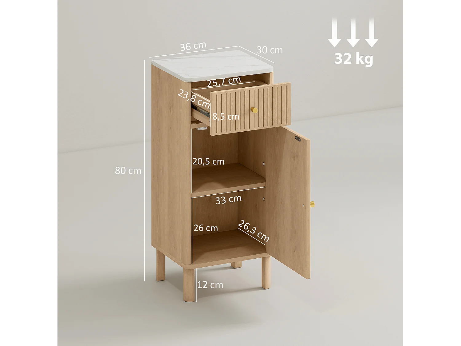 Meuble bas salle de bain style bois naturel plateau effet marbre blanc porte étagère tiroir