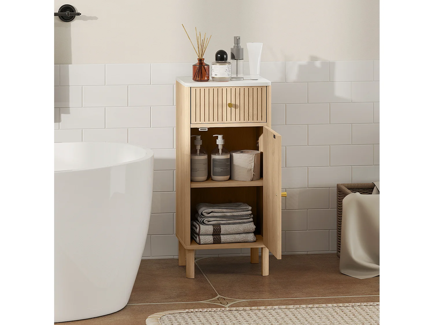 Meuble bas salle de bain style bois naturel plateau effet marbre blanc porte étagère tiroir