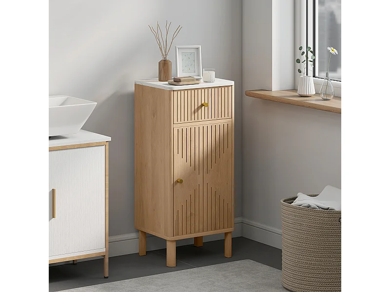Meuble bas salle de bain style bois naturel plateau effet marbre blanc porte étagère tiroir