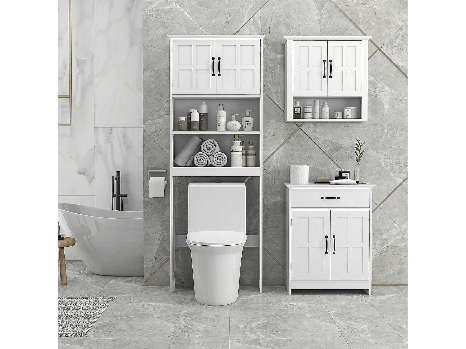 Meuble WC dessus de toilette style classique chic 2 portes 2 étagères poignées métal noir blanc